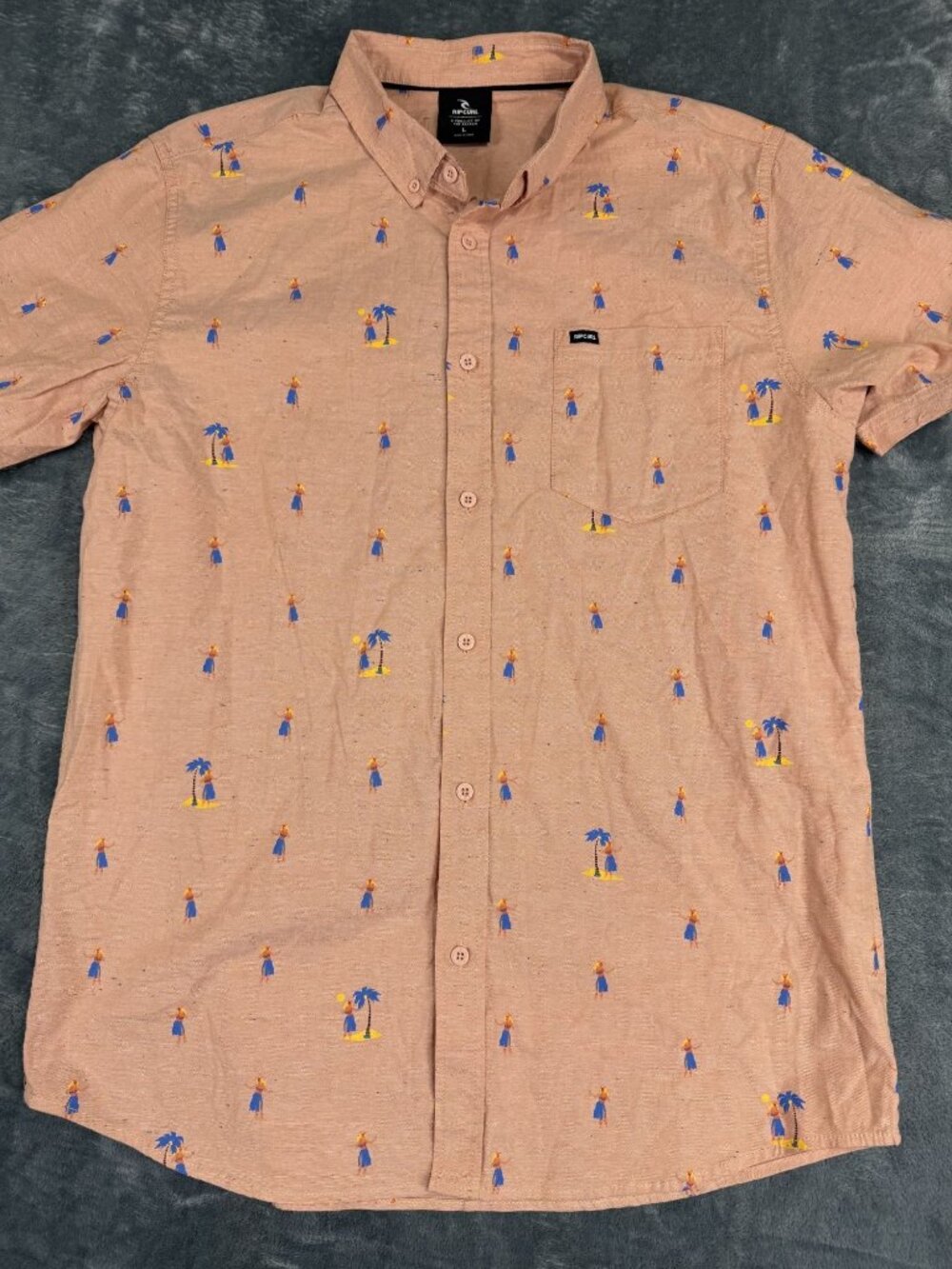 Rip Curl Mens Peach Palm Tree Print Short Sleeve Button-Up Shirt L